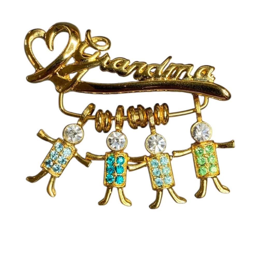 Grandma Charm Holder Pin Brooch 4 Boy Charms K.I.S. Gold Tone 80s